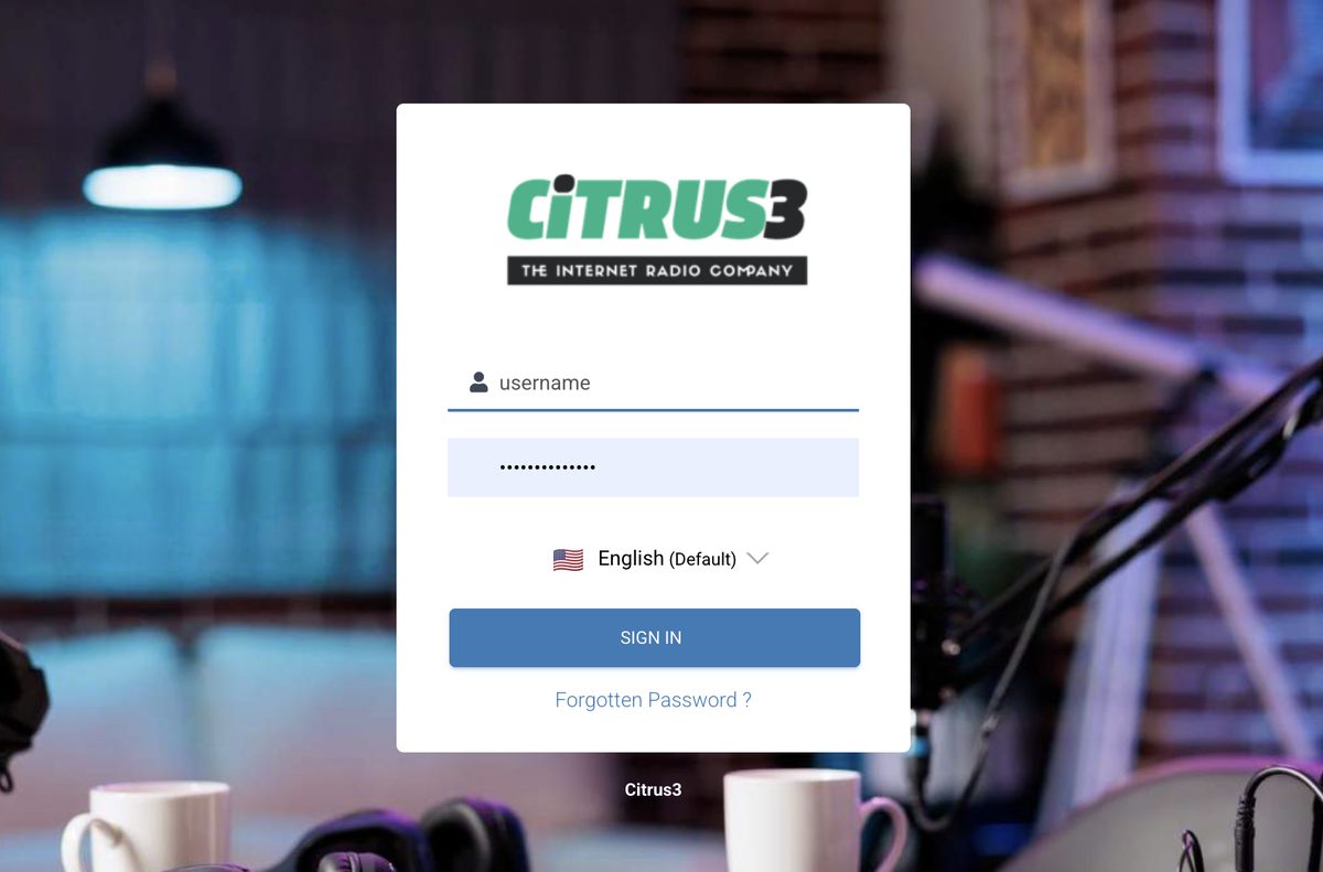 The Citrus3 control panel login screen with username and password fields and a Sign in button