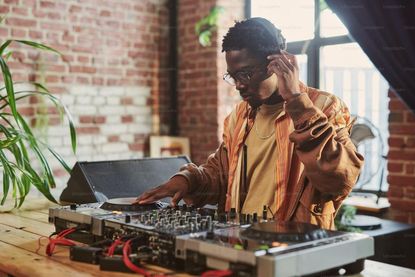 A DJ in headphones mixing on a deck beside a sunlit brick wall